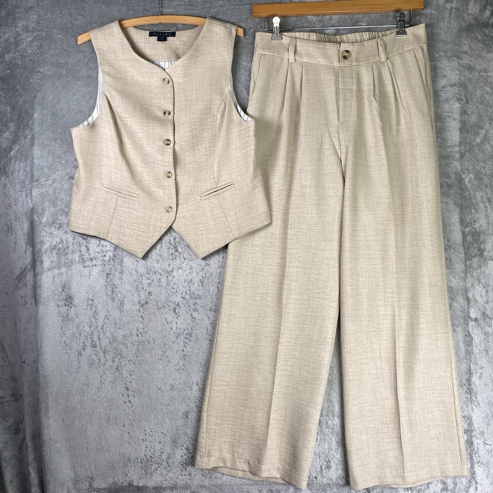 Tullea Pants Set Womens Sz XL Tan Wide Leg Matching Set Vest Lightweight Preppy